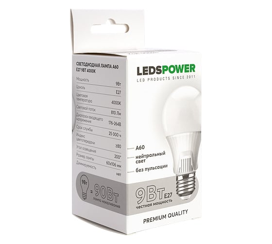 Светодиодная лампа LEDS POWER A60 E27 9Вт 4000К 006611