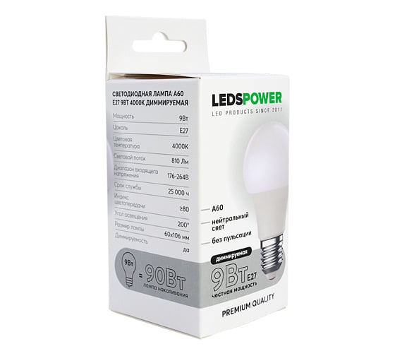 Светодиодная лампа LEDS POWER A60 E27 9Вт 4000К диммируемая 006567