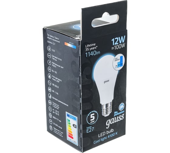 Лампа Gauss A60 12W 1140lm 4100K Е27 шаговое диммирование LED 1/10/50 102502212-S