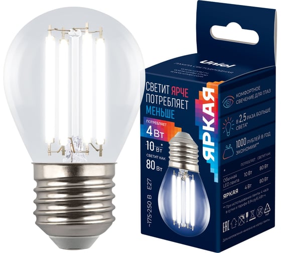Лампа светодиодная прозрачная Uniel LED-G45-4W/4000K/E27/CL GLY01TR UL-00011941