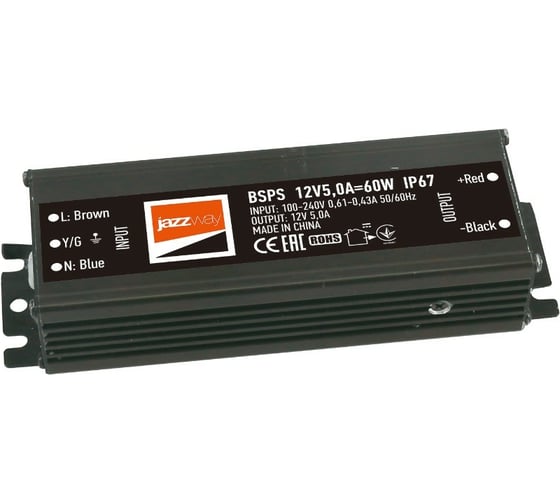 Блок питания для светодиодной ленты Jazzway 60Вт 5А 12В IP67 BSPS влагозащитный 3329273A