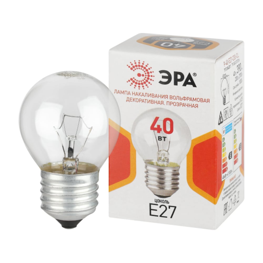 Лампочка ЭРА P45 40Вт Е27 / E27 230В шар прозрачный (КНР) Б0066568 ...