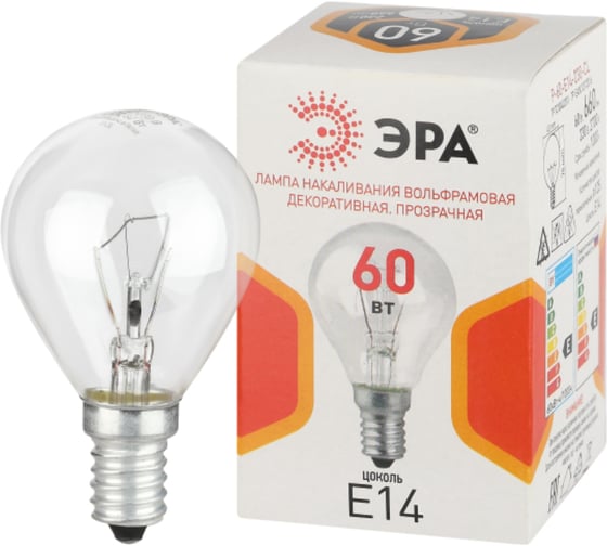 Лампочка ЭРА P45 60Вт Е14 / E14 230В шар прозрачный (КНР) Б0066522