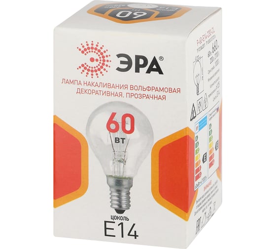 Лампочка ЭРА P45 60Вт Е14 / E14 230В шар прозрачный (КНР) Б0066522