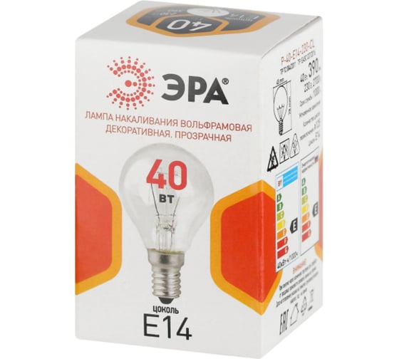 Лампочка ЭРА P45 40Вт Е14 / E14 230В шар прозрачный (КНР) Б0066547
