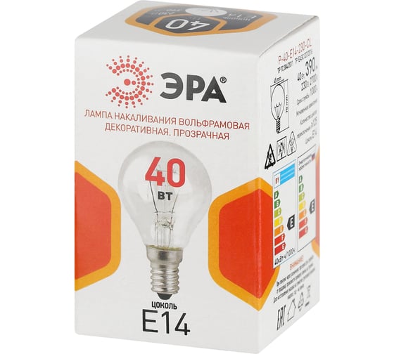 Лампочка ЭРА P45 40Вт Е14 / E14 230В шар прозрачный (КНР) Б0066547