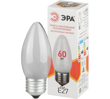 Лампочка ЭРА B36 60Вт Е27 / E27 230В свечка матовая (КНР) Б0066409