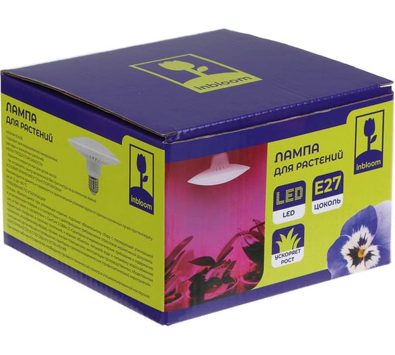 Лампа светодиодная для растений Inbloom 72LED фиолетовый, 13x8см, E27, 15Вт, 220В, пластик 185-087