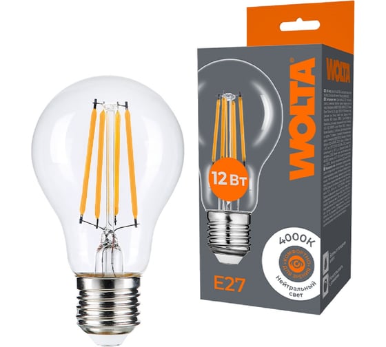 Светодиодная лампа Wolta FILAMENT мощностью 12Вт, эквивалент лампе накаливания 100Вт, дневной белый свет 4000K, цоколь Е27 WF-A60-12W4KE27 1
