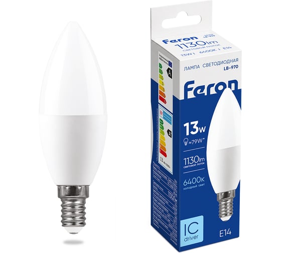 Светодиодная лампа FERON LB-970, 13W, 230V E14 6400K свеча 38109