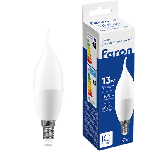 Светодиодная лампа FERON LB-970, 13W, 230V E14 4000K свеча на ветру 38113