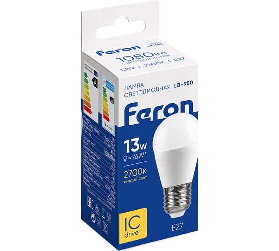 Светодиодная лампа FERON LB-950, 13W, 230V E27 2700K G45 38104
