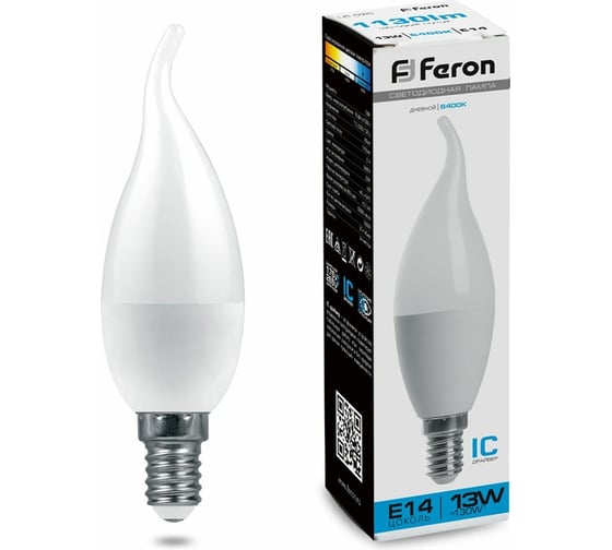 Светодиодная лампа FERON LB-970, 13W, 230V E14 6400K свеча на ветру 38114