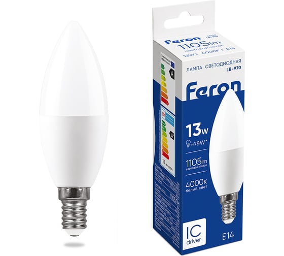 Светодиодная лампа FERON LB-970, 13W, 230V E14 4000K свеча 38108
