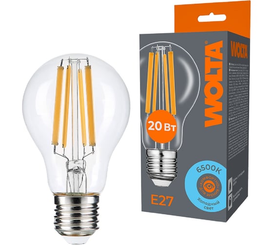 Светодиодная лампа Wolta FILAMENT мощностью 20Вт, цветовая температура холодный белый 6500K с цоколем Е27 WF-A60-20W6KE27