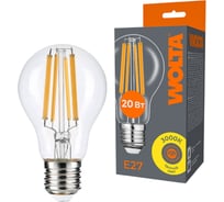 Светодиодная лампа Wolta FILAMENT мощностью 20Вт, с цветовой температурой теплый желтый 3000K с цоколем Е27 WF-A60-20W3KE27