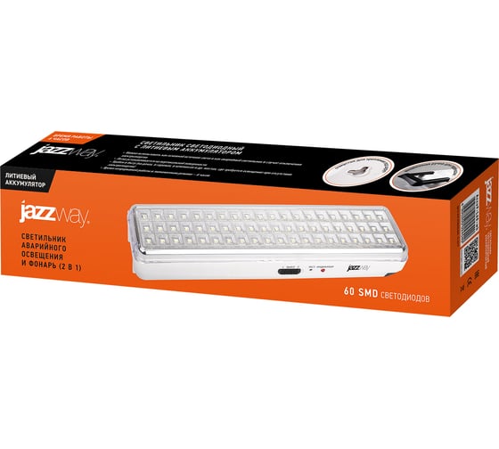 Фонарь-светильник Jazzway Jаzzway аккумуляторный Accu9-L60-wh аварийный 60SMD яркий 300лм 2ч/эконом 90лм 6ч 220В аккумуляторный Li-ion 3.7В 2.4А.ч белый 5024540