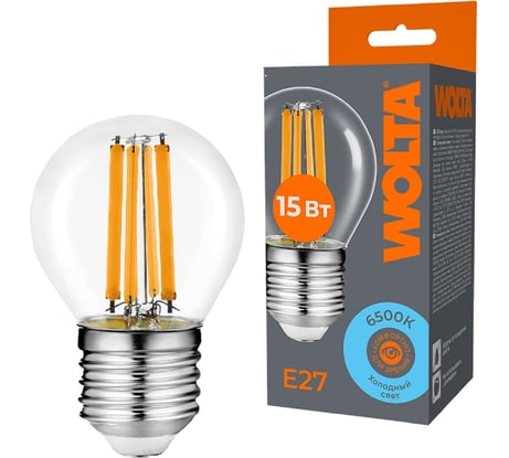 Светодиодная лампа Wolta шар FILAMENT мощностью 15Вт, холодный белый свет 6500K, цоколь Е27 WF-G45-15W6KE27