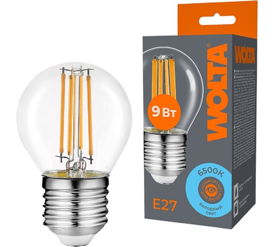 Светодиодная лампа Wolta шар FILAMENT, мощностью 9Вт, холодный белый свет 6500K, цоколь Е27 WF-G45-9W6KE27