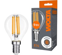 Светодиодная лампа Wolta формой шар FILAMENT мощностью 9Вт, эквивалент лампе накаливания 75Вт, дневной белый свет 4000K, цоколь Е14 WF-G45-9W4KE14