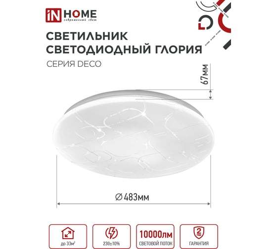 Светильник светодиодный IN HOME серии DECO ГЛОРИЯ 95Вт 230В 6500К 10000Лм 483x67мм 4690612058627