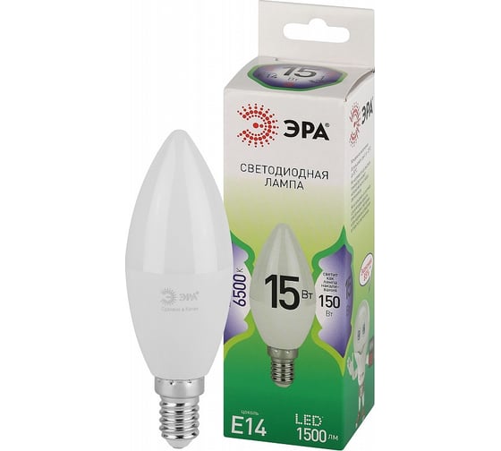 Лампочка светодиодная ЭРА GREEN LINE LED B3515W865E14 GL, E14, 15 Вт, свеча, холодный свет Б0067091 1