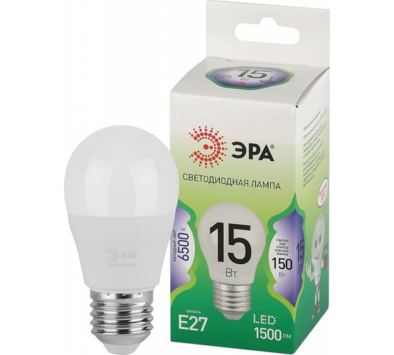 Лампочка светодиодная ЭРА GREEN LINE LED P4515W865E27 GL, E27, 15 Вт, шар, холодный свет Б0067051