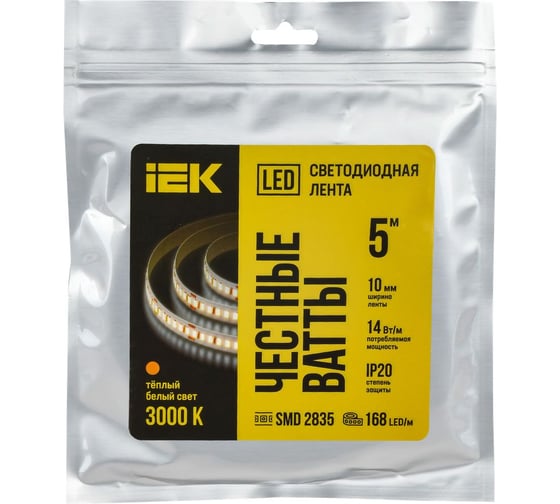 Лента LED IEK 5м 2835-168LED 14Вт/м IP20 10мм 24В 3000К LSR6-1-168-20-1-05