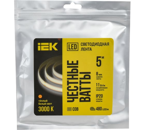 Лента LED IEK 5м COB-480LED 11Вт/м IP20 8мм 24В 3000К LSR11-1-480-20-1-05