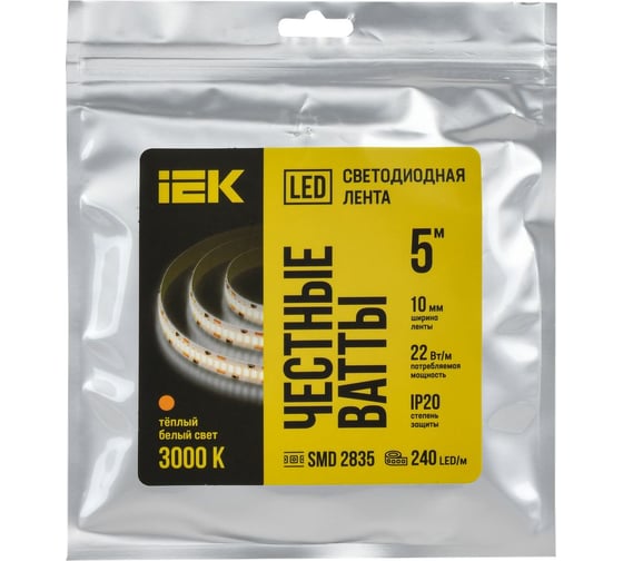 Лента LED IEK 5м 2835-240LED 22Вт/м IP20 10мм 24В 3000К LSR6-1-240-20-1-05