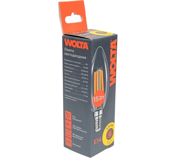 Светодиодная лампа WOLTA FILAMENT 15Вт 3000K Е14 WF-C35-15W3KE14