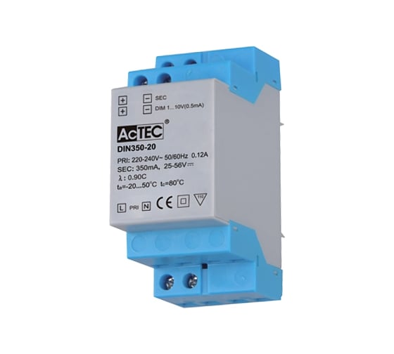 Блок питания AcTEC 25-56В, 20Вт, IP20, 0,35A, диммируемый, 1-10V, 82x36x62мм, DIN350-20