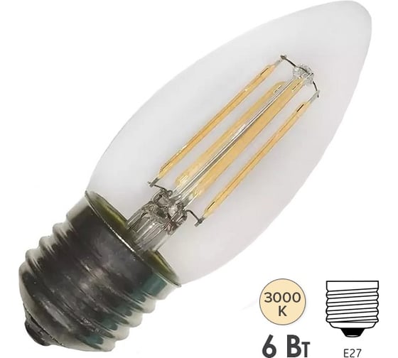 Лампа FL-LED Filament C35 6W E27 3000К 220V 600Лм 35x98мм FOTON_LIGHTING свеча прозрачная 606488