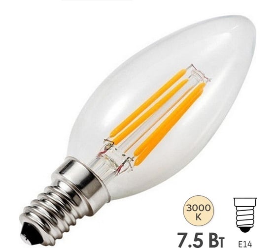 Лампа FL-LED Filament C35 7.5W E14 3000К 220V 750Лм 35x98мм FOTON_LIGHTING свеча прозрачная 609038 1