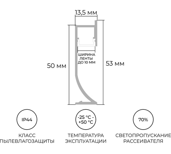 Профиль алюминиевый Apeyron для плинтуса под светодиодную ленту, серебро, 13,5х50мм, 2м / 08-66
