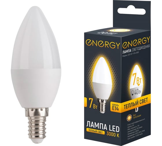 Лампа светодиодная Energy LED С37-7-E14-3000 109288 1