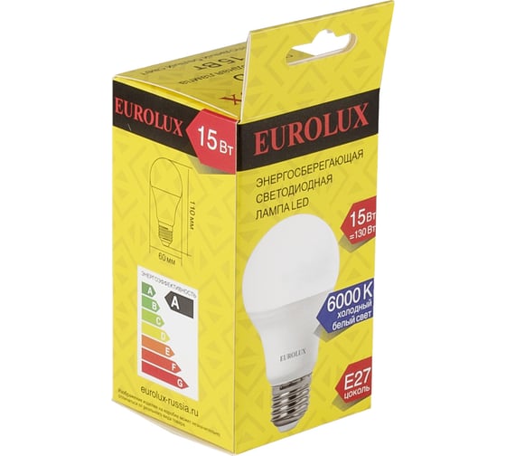 Светодиодная лампа Eurolux LL-E-A60-15W-230-6K-E27 груша, 15Вт, холодный, Е27 76/2/74