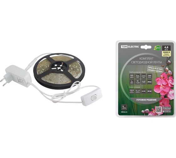 Комплект светодиодной ленты TDM SMD2835-60 LED/м-12 В-4,8 Вт/м-IP65-3000 К 5 м, 24 Вт SQ0331-0229