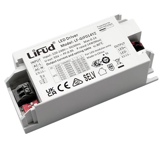 LED драйвер Lifud 14Вт, вход 220-240В AC, выход 100-400мА 9-42В DC, изолированный, пластик LF-GIF014YZ
