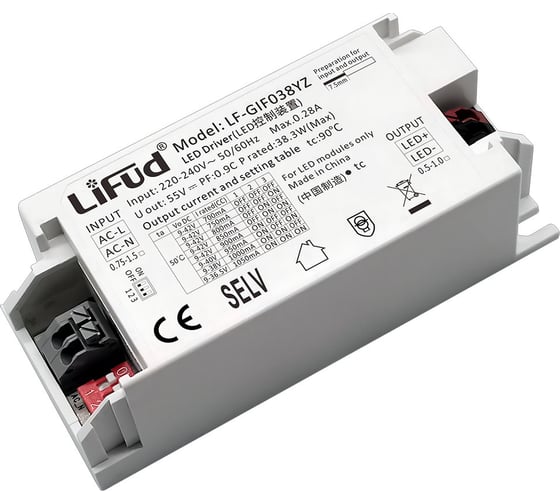 LED драйвер Lifud 38Вт, вход 220-240В AC, выход 700-1050мА 9-42В DC, изолированный, пластик LF-GIF038YZ