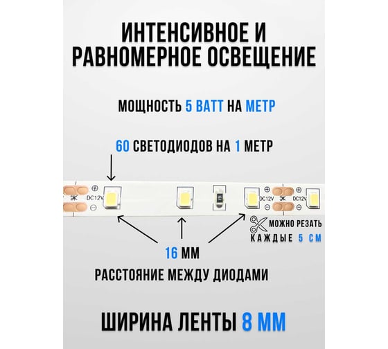 Светодиодная лента ТТ-Урал 10 метров, свет белый нейтральный 4000К, 60 Led/метр, 12V, IP44, УТ-00009812