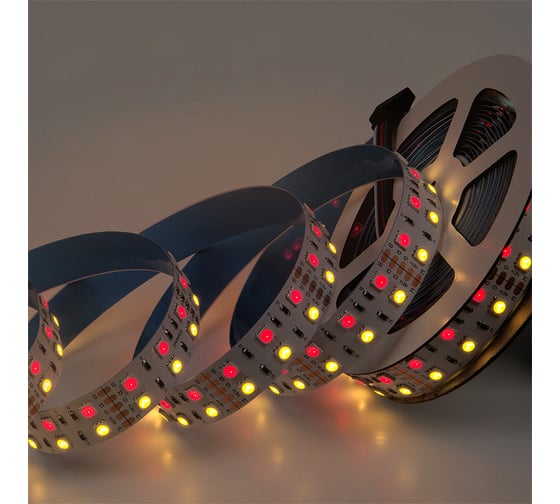 Лента светодиодная General Lighting Systems GLS-5050-120-28.8-12-IP20-RGB+3, двухрядная, 5 метров, 28,8Вт/м, 12В, 16мм, 120 диодов/м, 12Лм/чип, красный, зеленый, синий + 3000К теплый белый свет 503811