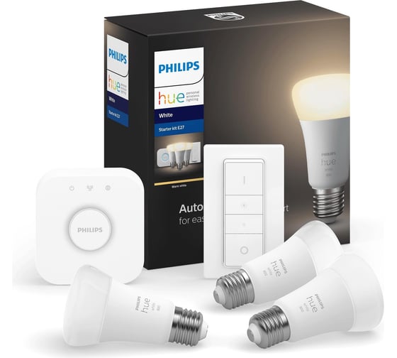 Набор из 3 белых ламп блока управления и диммера Philips Hue 929001821618 9W A60 E27