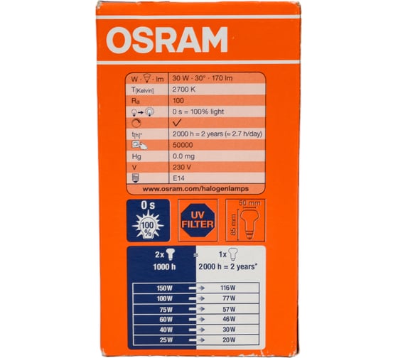 Галогенная лампа OSRAM спот, 64542, R50, CLA, 30W, 230V, E14, 20X1 4008321212115