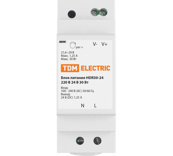 Блок питания TDM ELECTRIC HDR30-24, 220 В, 24 В, 30 Вт, на DIN-рейку SQ0752-0005