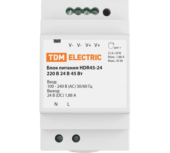 Блок питания TDM ELECTRIC HDR45-24, 220 В, 24 В, 45 Вт, на DIN-рейку SQ0752-0006