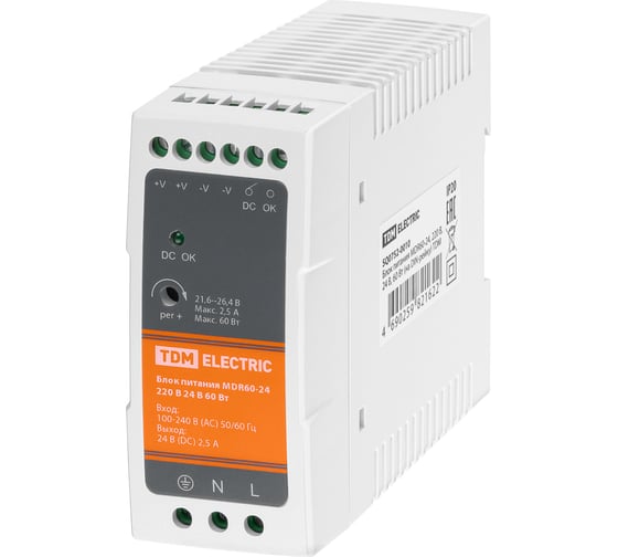 Блок питания TDM ELECTRIC MDR60-24, 220 В, 24 В, 60 Вт, на DIN-рейку SQ0752-0010
