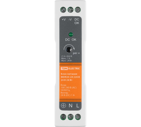 Блок питания TDM ELECTRIC MDR20-24, 220 В, 24 В, 20 Вт, на DIN-рейку SQ0752-0008