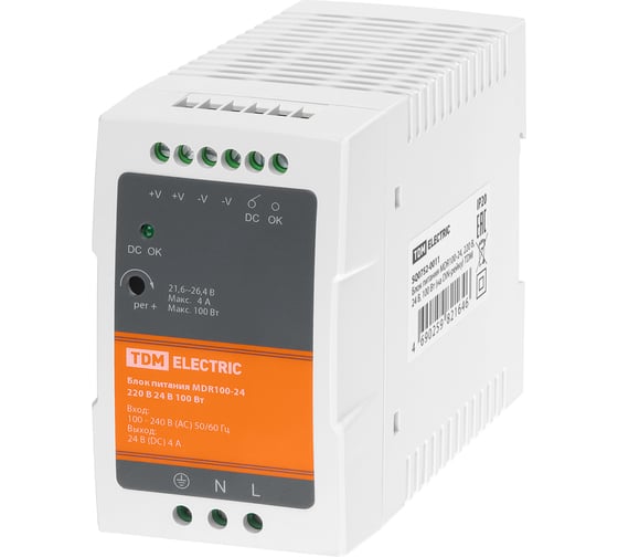 Блок питания TDM ELECTRIC MDR100-24, 220 В, 24 В, 100 Вт, на DIN-рейку SQ0752-0011