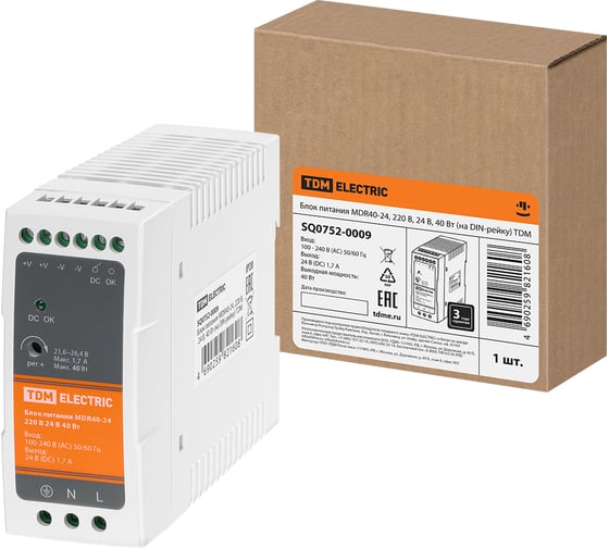 Блок питания TDM ELECTRIC MDR40-24, 220 В, 24 В, 40 Вт, на DIN-рейку SQ0752-0009